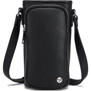 Black Vegan Leather Water Bottle Carrier Bag for 32oz Insulated with Front Phone